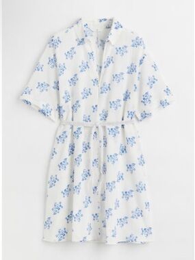 H&M White Mini Dress with Blue Floral Print and Tie Belt